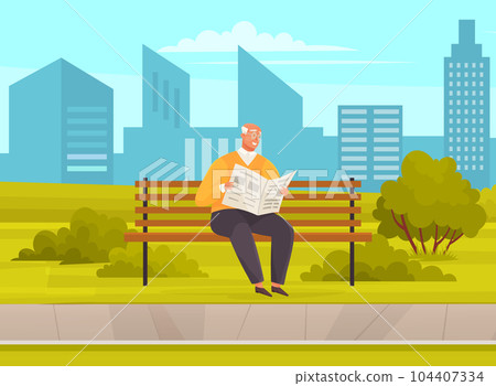 Old man with glasses sitting and reading newspaper on bench in park enjoying good day in city garden 104407334
