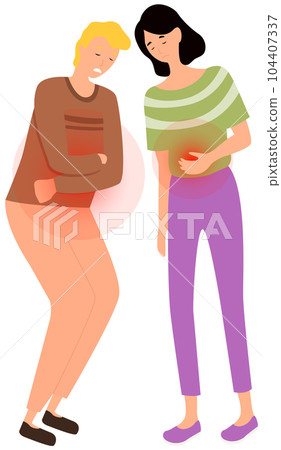 Man and woman feeling pain in gastrointestinal tract. People are suffering from stomachache 104407337