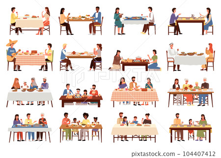 Set of illustrations on the topic of people dine on traditional dishes from different countries Set of illustrations on the topic of people dine on traditional dishes from different countries 104407412