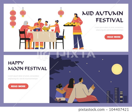Vector set banners Asian family enjoy celebrate mid autumn festival, watch the full moon at night on Happy moon festival 104407421