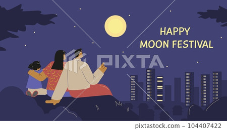 Vector cartoon landscape illustration Asian family watching the full moon at night on Happy moon festival with lettering 104407422