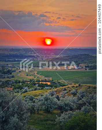 Red summer sunset scenic view over the green valley with bushes and trees. Evening natural landscape 104407449
