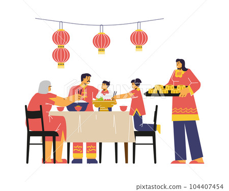 Chinese family at reunion dinner celebrate mid autumn festival, flat vector illustration isolated on white background. 104407454