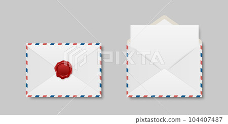 Vector Envelopes with Red Wax Seal and Blank Letter. Folded, Unfolded Isolated Envelope Set in Top View. Design Templat. Message, Notification, Mailing, Surprise and Congratulations Concept 104407487