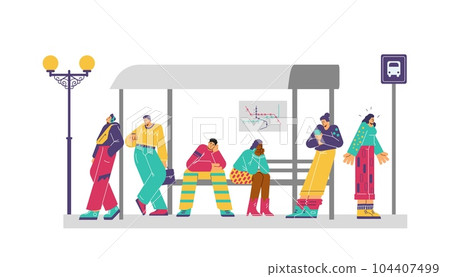 Frustrated people waiting for public transport on bus stop, flat vector illustration isolated on white background. 104407499