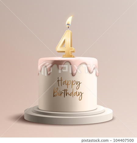Four Years. Vector Birthday Anniversary Sweet Cake. Greeting Card, Banner with 3d Realistic Burning Golden Birthday Party Candle, Number, Flame. Icon Design Template for Birthday Concept. Front View Four Years. Vector Birthday Anniversary Sweet Cake. Greeting Card, Banner with 3d Realistic Burning Golden Birthday Party Candle, Number, Flame. Icon Design Template for Birthday Concept. Front View 104407500