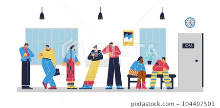 Stressed people waiting for job interview, flat vector illustration isolated on white background. Stressed people waiting for job interview, flat vector illustration isolated on white background. 104407501