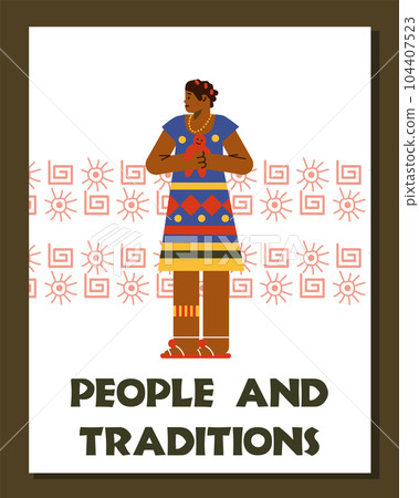 Little girl wearing traditional African clothes with ornaments, poster with text - flat vector illustration. 104407523