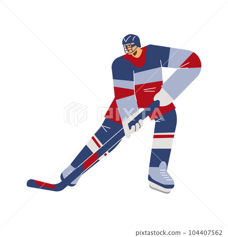 Vector isolated illustration of a hockey player, Olympic Winter Game, Cartoon line art in red and blue colors Vector isolated illustration of a hockey player, Olympic Winter Game, Cartoon line art in red and blue colors 104407562