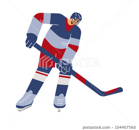 Vector isolated illustration of Olympic Winter Game, Cartoon line art hockey player with brassy on the ice in red and blue colors Vector isolated illustration of Olympic Winter Game, Cartoon line art hockey player with brassy on the ice in red and blue colors 104407568