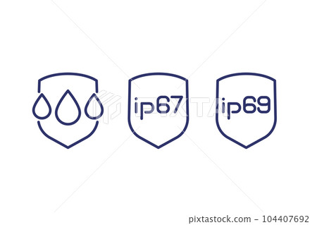ip67, ip69, waterproof and water resistance icons 104407692