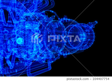 Gas turbine engine. Particles formation of 3d model satellite 3d model turbine Gas turbine engine. Particles formation of 3d model satellite 3d model turbine 104407754