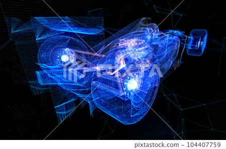 Formula one bolide. Particles formation Car virtual model. Digital car technology visualization of 3d. Formula one bolide. Particles formation Car virtual model. Digital car technology visualization of 3d. 104407759