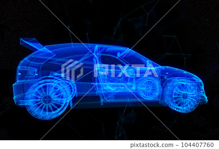 Design of a smart or intelligent car in the form of a wire-frame crossing in space. X-ray hologram 3d car Design of a smart or intelligent car in the form of a wire-frame crossing in space. X-ray hologram 3d car 104407760