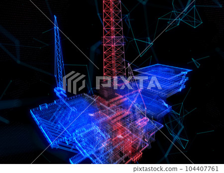 Ocean oil gas drilling rig. Offshore oil platform for production of oil and gas. Petroleum fuel industry offshore production excavation. Line connecting dots blue in 3d model Ocean oil gas drilling rig. Offshore oil platform for production of oil and gas. Petroleum fuel industry offshore production excavation. Line connecting dots blue in 3d model 104407761