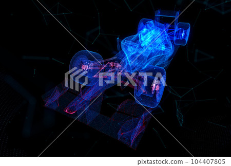 Formula bolide. Black and blue shine Formation of 3d Model 104407805