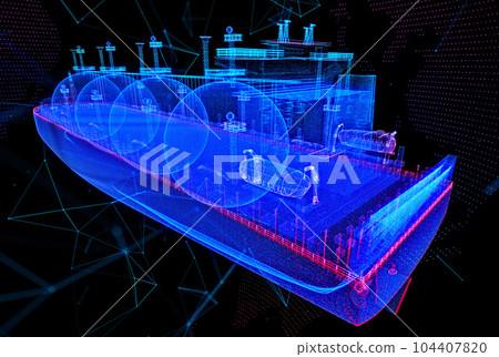 Gas tanker. Blue particle and lines form 3d model Gas carrier. Gas tanker. Blue particle and lines form 3d model Gas carrier. 104407820