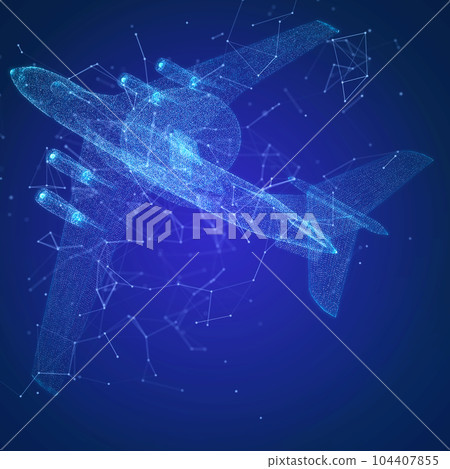 Military force air flying radar AWACS jet airplane. Glowing neon particles and blue lights formation of 3d model airplane Military force air flying radar AWACS jet airplane. Glowing neon particles and blue lights formation of 3d model airplane 104407855