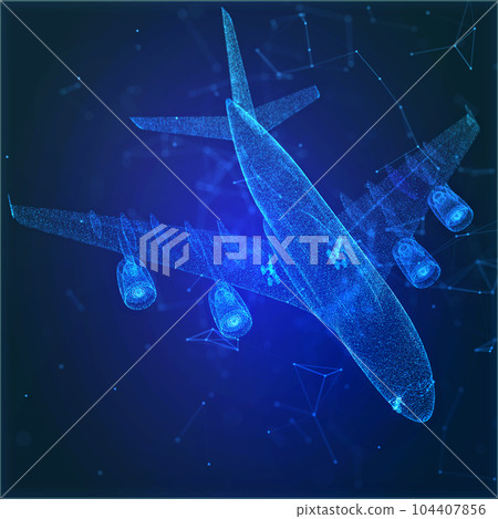 Digital 3d futuristic airplane flying up. Future aviation, modern technology, air transport concept. Blue wireframe with connected dots, lines and stars. Abstract plexus mesh Digital 3d futuristic airplane flying up. Future aviation, modern technology, air transport concept. Blue wireframe with connected dots, lines and stars. Abstract plexus mesh 104407856
