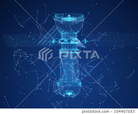 Satellite communications solar panels. Particles formation of 3d model satellite 104407883