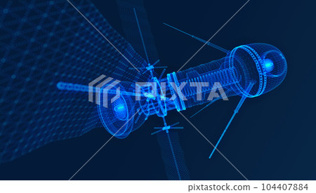 Satellite communications reflecting in solar panels. Particles formation of satellites polygonal. 104407884