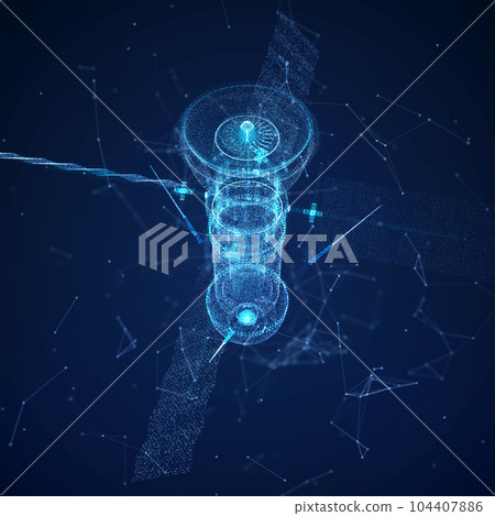 Satellite communications with solar panels. Particles formation of satellites 3d digital form Satellite communications with solar panels. Particles formation of satellites 3d digital form 104407886