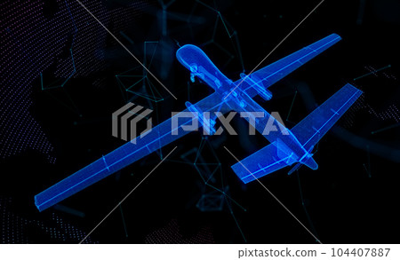 Military Aircraft unmanned military drone 3d polygonal line. Digatal drone from dots and lines and connected to 3d form. Digital visualization aviation air force technology Military Aircraft unmanned military drone 3d polygonal line. Digatal drone from dots and lines and connected to 3d form. Digital visualization aviation air force technology 104407887