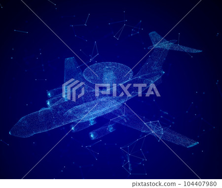 Military force air flying radar AWACS jet airplane. Glowing blue lights 3d model airplane 104407980
