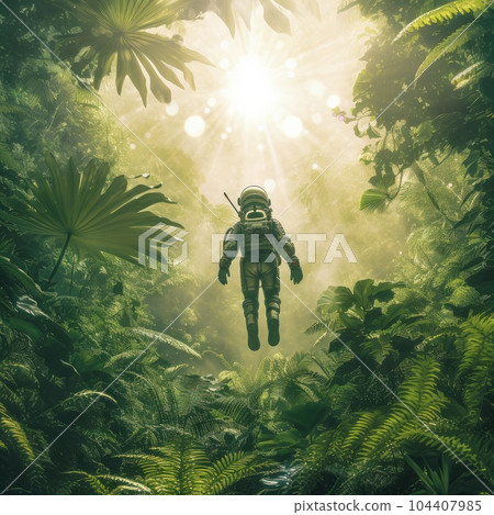 Ray of sunshine of surreal science fiction scene showing astronaut levitating in lush forest 104407985