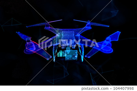 Digital drone with camera in dark blue. Drone videography, aerial photography, modern technology concept. Abstract quadcopter with dots, lines, stars and particles Digital drone with camera in dark blue. Drone videography, aerial photography, modern technology concept. Abstract quadcopter with dots, lines, stars and particles 104407998