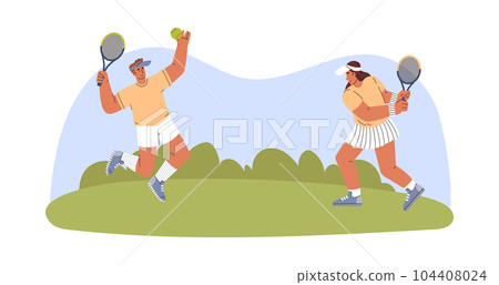 Man and woman playing tennis outdoors cartoon flat vector illustration isolated. 104408024