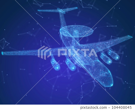 Military force airplane radar AWACS. Glowing neon particles and blue lights formation of 3d model Jet airplane Military force airplane radar AWACS. Glowing neon particles and blue lights formation of 3d model Jet airplane 104408045