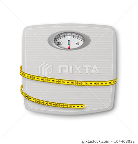 Vector 3d Realistic Bathroom Scales with Measuring Yellow Tape. Bathroom Body Weight Scales Closeup Isolate. Classic Retro Bathroom Floor Scale Design Template. The concept of Slimming, Weight Loss Vector 3d Realistic Bathroom Scales with Measuring Yellow Tape. Bathroom Body Weight Scales Closeup Isolate. Classic Retro Bathroom Floor Scale Design Template. The concept of Slimming, Weight Loss 104408052
