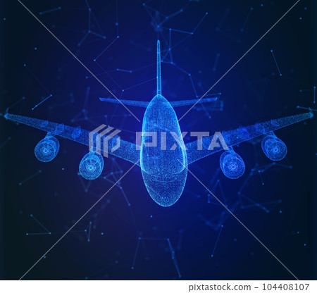 Airplane. Abstract airliner in the sky. Travel, tourism, business, transportation concept. Aircraft dark blue mesh with dots, lines and glowing stars 104408107