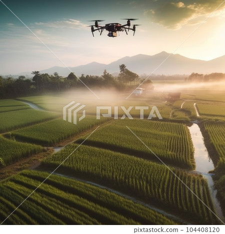 Modern technologies in agriculture. industrial drone flies over a green field and sprays useful pesticides to increase productivity and destroys harmful insects. increase productivity. AI Generation Modern technologies in agriculture. industrial drone flies over a green field and sprays useful pesticides to increase productivity and destroys harmful insects. increase productivity. AI Generation 104408120