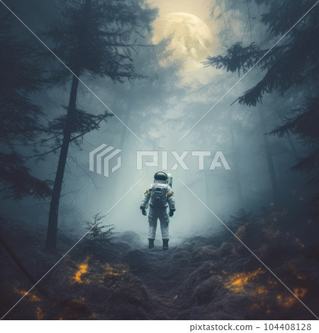 An astronaut in the forest. Background, suitable for T-shirts, posters, postcards and books. Sci fi and fantasy concept An astronaut in the forest. Background, suitable for T-shirts, posters, postcards and books. Sci fi and fantasy concept 104408128