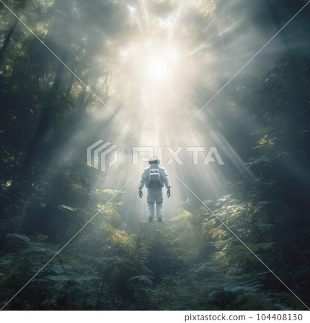 Ray of sunshine of surreal science fiction scene showing astronaut levitating in lush forest Ray of sunshine of surreal science fiction scene showing astronaut levitating in lush forest 104408130