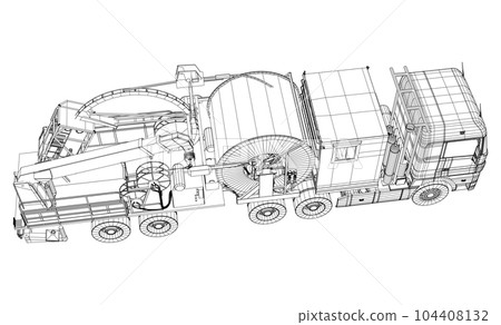 Oilfield coiled tubing equipment. Coiled tubing reel on a trailer Oilfield coiled tubing equipment. Coiled tubing reel on a trailer 104408132