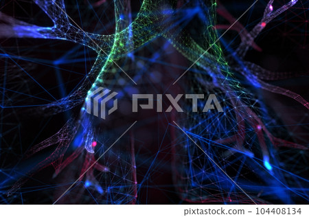 Glowing human lungs made of neon particles. Bright magic lungs health concept art in modern abstract style consists of colorful dots. 104408134