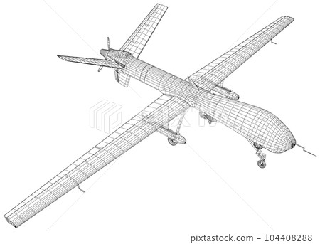 Aircraft. Vector rendering of 3d. Predator military drone. The layers of visible and invisible lines are separated. Wire-frame Aircraft. Vector rendering of 3d. Predator military drone. The layers of visible and invisible lines are separated. Wire-frame 104408288