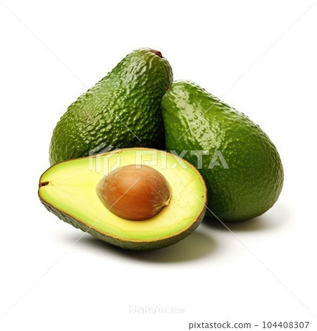 Avocado oil dripping from avocado fruits isolated on white background. Clipping path. AI Generation 104408307