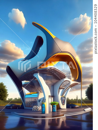Futuristic gas station for cars, colorful style 104408329