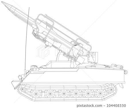 Mobile antiaircraft missile complex on a truck, ballistic launcher with missiles ready to attack on military powerful all-terrain transportation. Vector created of 3d 104408330