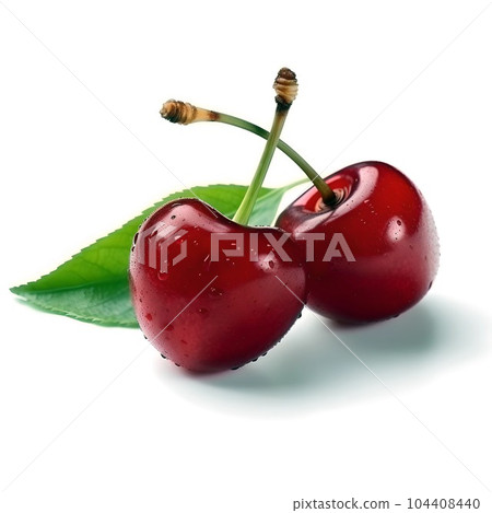 Cherry isolated. Cherry on white. Cherry with a leaf Cherry isolated. Cherry on white. Cherry with a leaf 104408440