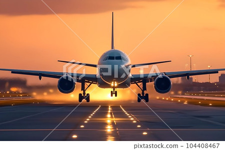 Passengers airplane landing to airport runway on background mountains Passengers airplane landing to airport runway on background mountains 104408467
