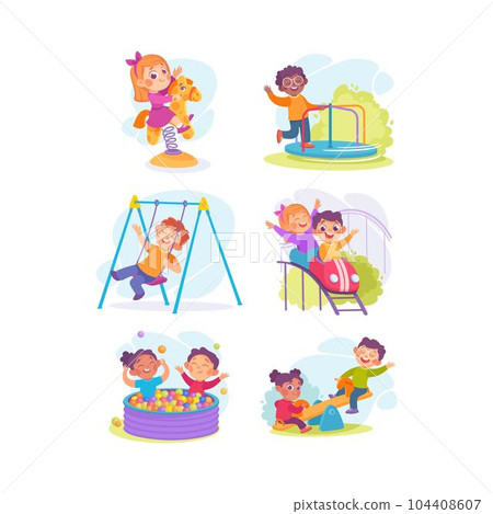 Kids in Amusement Park Engaged in Different Entertainment Sliding and Riding Vector Set 104408607