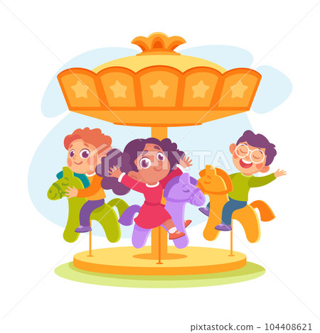 Entertainment with Little Boy and Girl in Amusement Park Riding Horse Carousel Vector Illustration 104408621