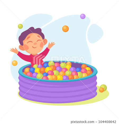 Entertainment with Little Boy in Pool with Balls at Amusement Park Vector Illustration Entertainment with Little Boy in Pool with Balls at Amusement Park Vector Illustration 104408642
