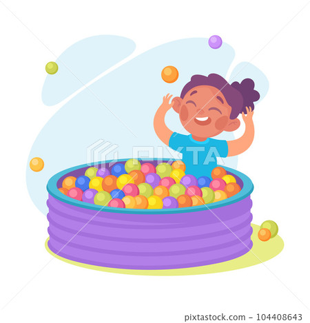Entertainment with Little Girl in Pool with Balls at Amusement Park Vector Illustration Entertainment with Little Girl in Pool with Balls at Amusement Park Vector Illustration 104408643