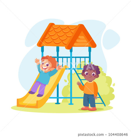 Entertainment with Little Girl in Amusement Park Sliding Down Vector Illustration Entertainment with Little Girl in Amusement Park Sliding Down Vector Illustration 104408646